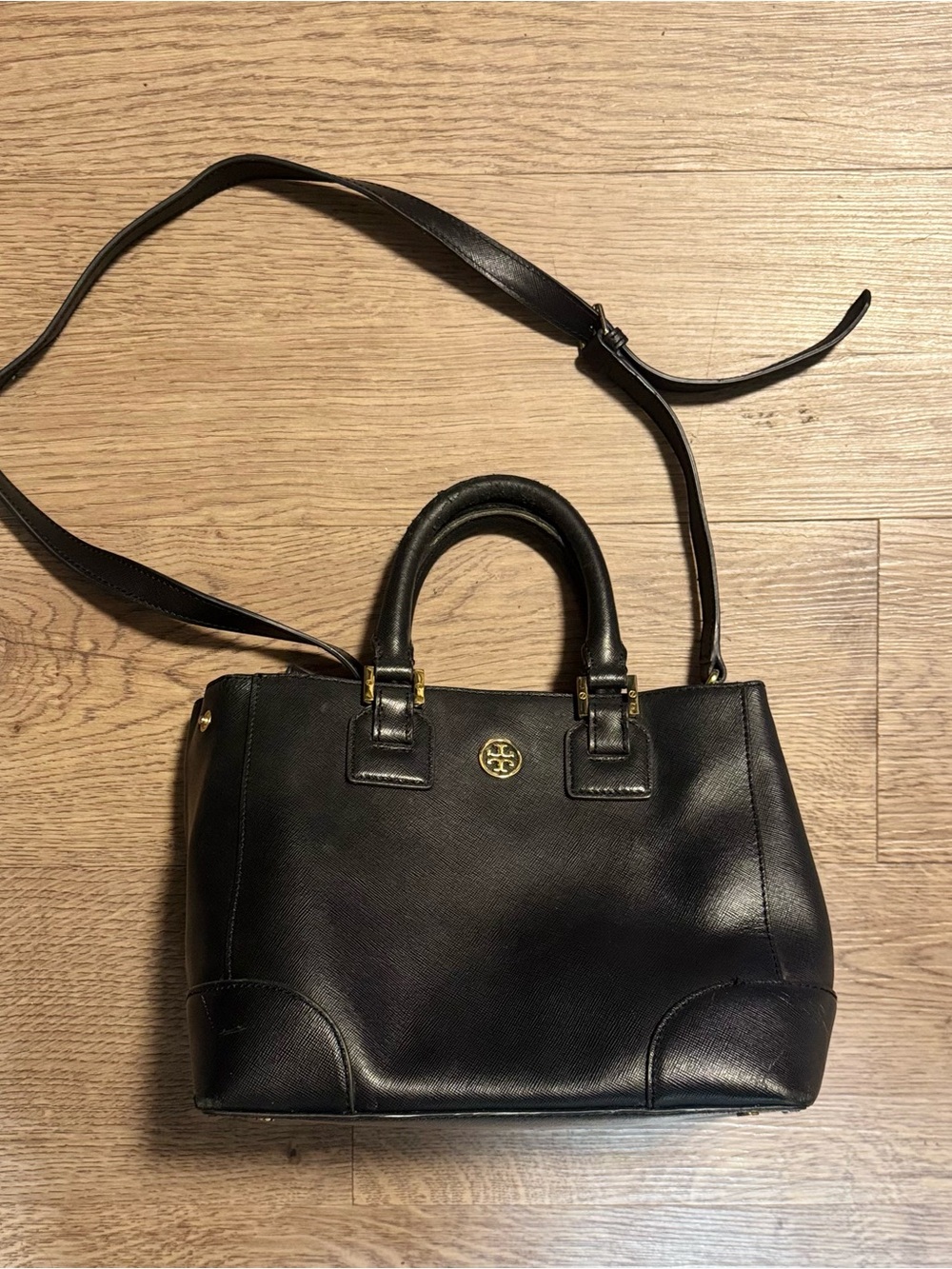 black Saffiano leather Tory Burch Robinson double-zip satchel